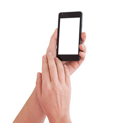 Woman hand holding black smartphone with blank screen, isolated.