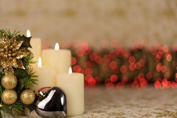 Greeting card with Christmas tree, candles, lights and heart decoration.