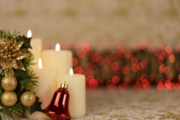Greeting card with Christmas tree, candles, lights and heart decoration.