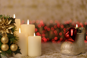 Greeting card with Christmas tree, candles, lights and heart decoration.