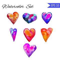 Set of Watercolor painted red heart, vector element for your design. Hand-drawn. On white background