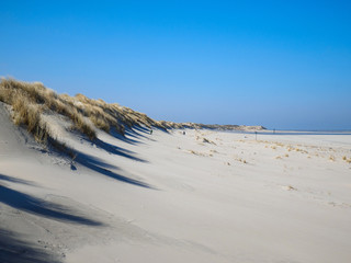 Fototapeta na wymiar Strand, Dünen mit Dünengras und blauer Himmel