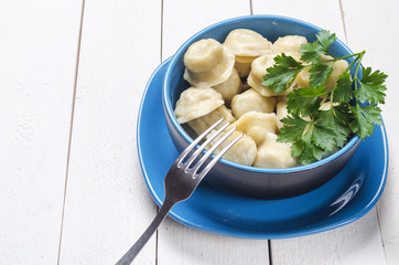 plate of fresh ravioli with meat