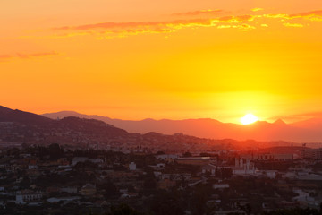 Beautiful Sunset Sunrise Over Mountain and city
