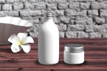 Cosmetic  packaging template white / silver screw cap set with white flower on wood table organic feeling 3d rendered