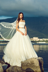 Fototapeta na wymiar Young gorgeous dark-haired bride in luxurious wedding dress and lacy veil blown by the wind standing on the cliff at the seaside with storm clouds and mountains on background. Wedding fashion concept
