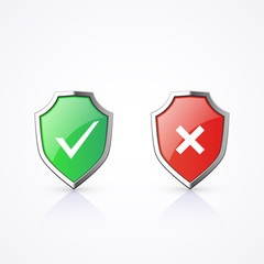 Shield set with check mark and cross, vector illustration