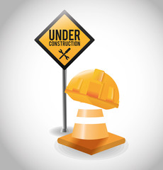 Road sign helmet and cone icon. Under construction work and repair theme. Isolated design. Vector illustration