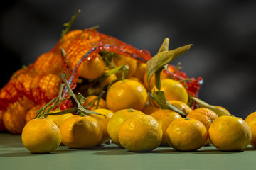 Orange tangerines get out of an overturned red sack. Citrus fruits on dark background