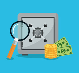Strongbox lupe and money icon. Security system cyber warning and protection theme. Colorful design. Vector illustration
