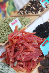 a pile of dried papaya pieces