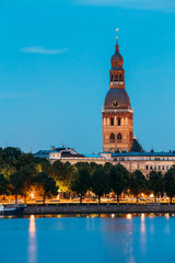 Fototapeta premium Riga Latvia. Tower Of Riga Dome Cathedral In Evening Illuminatio