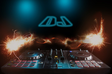 DJ Music night club, DJ technique - CD players and DJ console during the party. Prepared four your text.