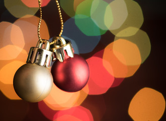 Christmas balls with Colorful Christmas lights background