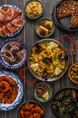 Typical spanish tapas concept, top view.