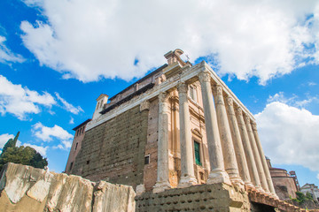 Fototapeta na wymiar Monumental columns of Temple of Antoninus and Faustina, adopted to church of San Lorenzo in Miranda, Forum Romanom (Roman Forum), Rome, Italy 