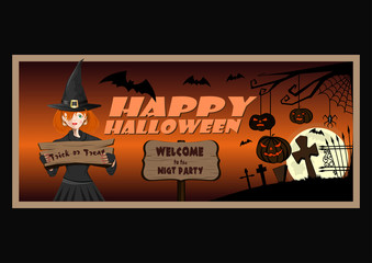 Halloween vector  horizontal banner. Night party. Invitation card. Young cute witch against the background of the forest at night, Halloween Jack-o'-lantern, a full moon and a cemetery. Trick or treat