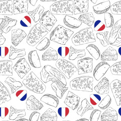 Vector seamless pattern with cheese and French Heart flag on a white background.