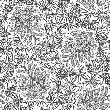 Cones and conifer texture.  Seamless vector pattern. Black and white illustration.