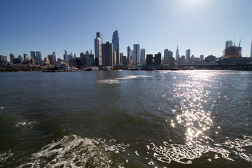 Manhattan skyline panorama from the Hudson river early morning