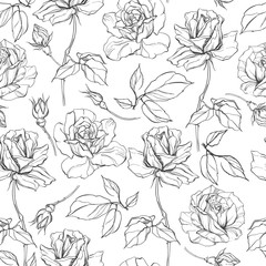 Seamless vector pattern with roses. Black and white floral background