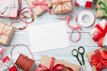 Christmas greeting card and gift boxes