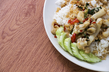 Squid and rice on the table