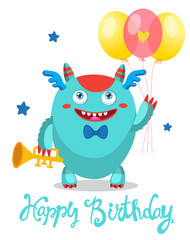 Fototapeta premium Cute Monster With Color Balloons. Cartoon Monster Vector Illustration. Funny Greeting Card. Birthday Theme. Monsters Universe.