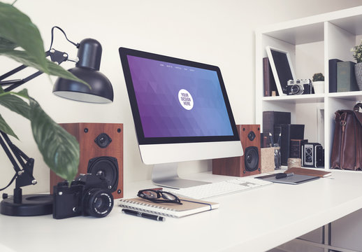 Desktop Computer on a Neat Desk with Gadgets Mockup 3