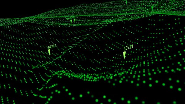Virtual terrain flyover / 3D animation of camera sweeping over particle terrain with location markers