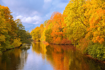 Fall landscape. Autumn park, lake, leaves and sun