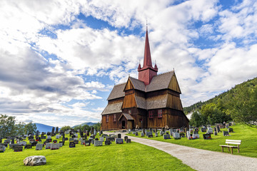 Fototapeta na wymiar View of Ringebu Stave Church in Norway. Built in the first quarter of the 13th century, is one of 28 surviving stave churches and one of the largest. Still functions as the main church of the parish
