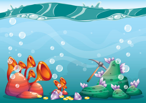 cartoon vector underwater treasure background with separated layers for game art and animation game design asset in 2d graphic