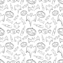 Halloween seamless pattern with pumpkin, bat, ghost, candy and candle. Vector illustration.