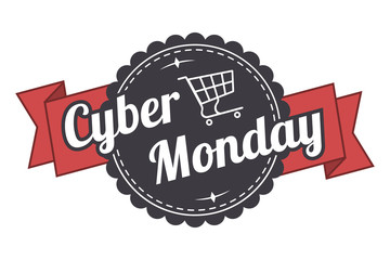 Cyber Monday label or banner design with folded ribbon