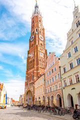 Cityscape view with saint Martin cathedral in the center of Landshut old town in Germany