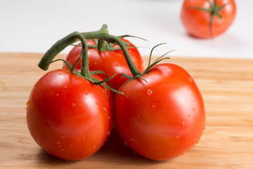Fresh red tomatoes on a branch. Tomatoes with water drops.
