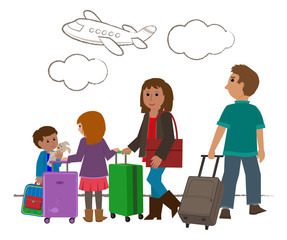 Traveling - Travelers with luggage are waiting for the plane. Eps10