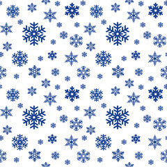 Seamless pattern of blue snowflakes on white background. Snowfall stylized wrapping texture. Winter repeating backdrop. Falling snow vector illustration in eps8.