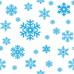 Fototapeta na wymiar Seamless pattern of sky blue snowflakes on white background. Snowfall stylized wrapping texture. Winter repeating backdrop. Falling snow vector illustration in eps8.