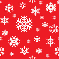 Fototapeta na wymiar Seamless pattern of white snowflakes on red background. Snowfall stylized wrapping texture. Winter repeating backdrop. Falling snow vector illustration in eps8.