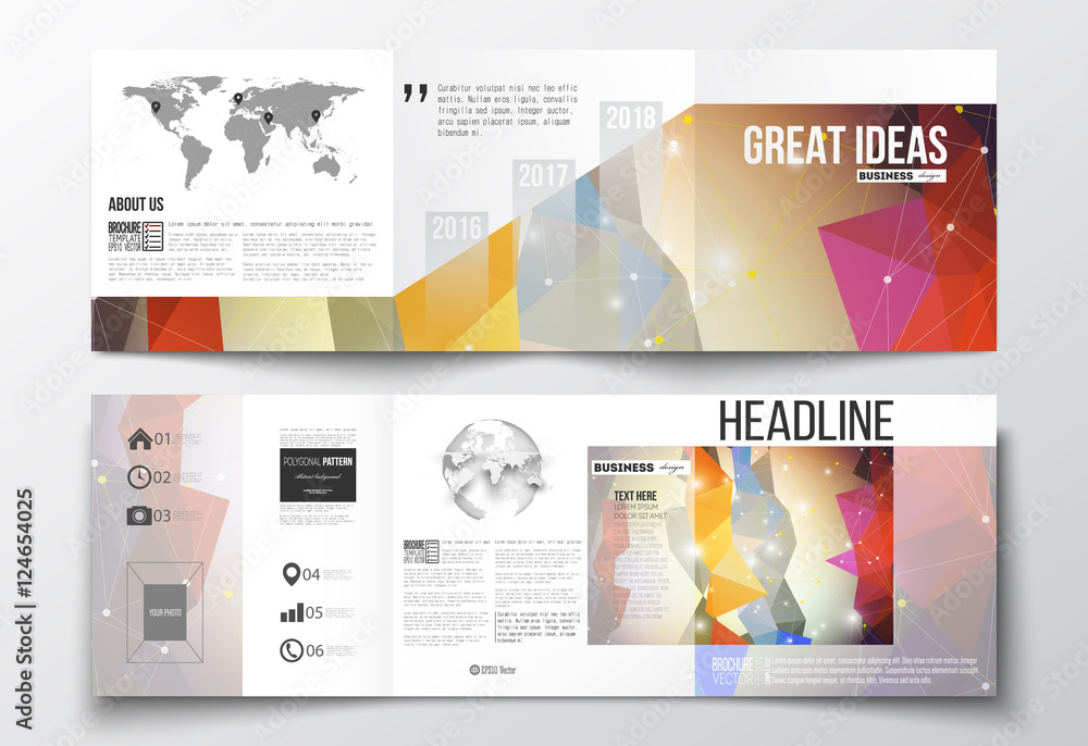Aufkleber set of tri-fold brochures, square design templates. molecular construction with connected lines and 