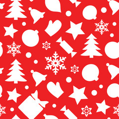 Christmas seamless pattern with snowflakes, xmas tree, bells, glove, gift box and other symbols. Flat silhouette icons isolated on red background. Wrapping texture vector illustration in eps8.