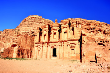 The Monastery (El Dayr) in Petra Ancient City in a Golden Sun, Jordan