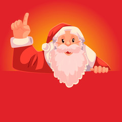 Santa Claus pointing up with place for text below, cartoon style vector illustration on red background. Half length portrait of Santa drawing attention to text below and pointing up