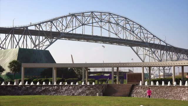 Corpus Christi Harbor Bridge and Visitors at Bayfront Science Park