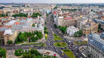 Panoramic view of the Univesity Square in Bucharest, Romania. Daytime with traffic jam.