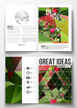 Set of business templates for brochure, magazine, flyer, booklet or annual report. Colorful polygonal floral background, blurred image, red flowers on green, modern triangular texture