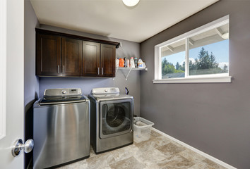 Grey laundry room with modern stainless steel appliances