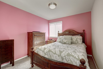 Pink bedroom with carved wooden bed